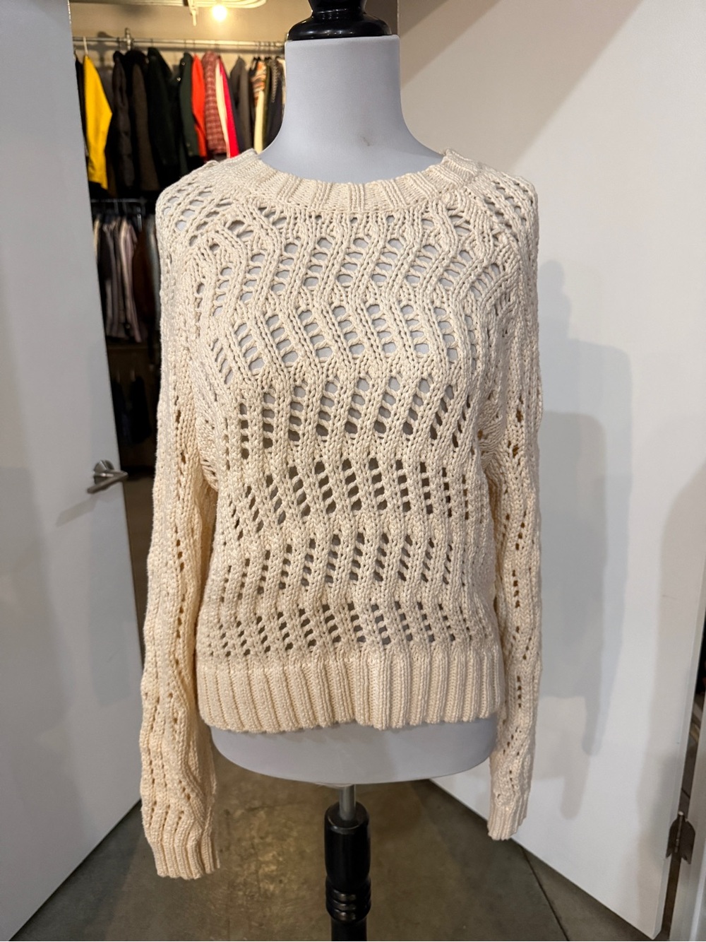 American Eagle Outfitters Cream Openwork Crewneck Sweater